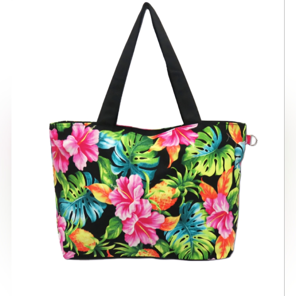 Pua Pineapples Large Tote, Hawaii, Flowers, Tropical, Black, Multicolor, NWT